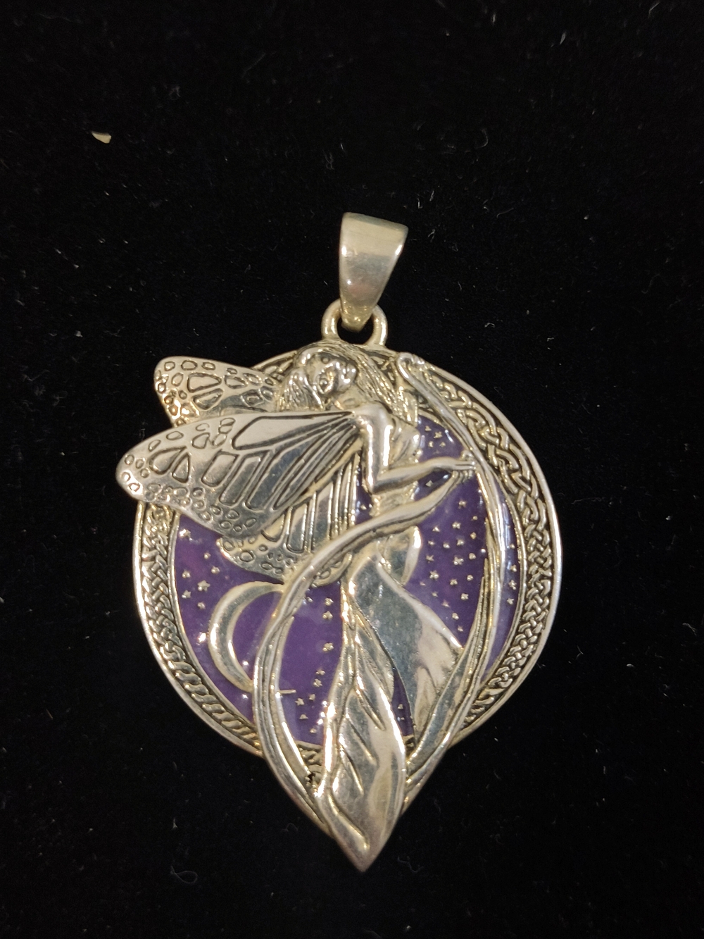 VTG 925 Sterling Silver Celtic Crescent Moon Fairy Pendant Purple Enamel Star